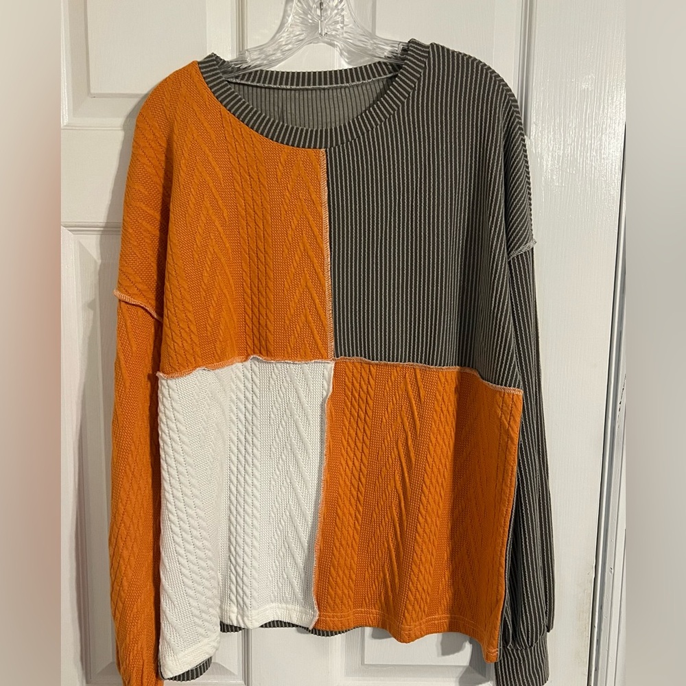 Colorblock Cable-Knit Crewneck Sweater in Orange, Gray & White